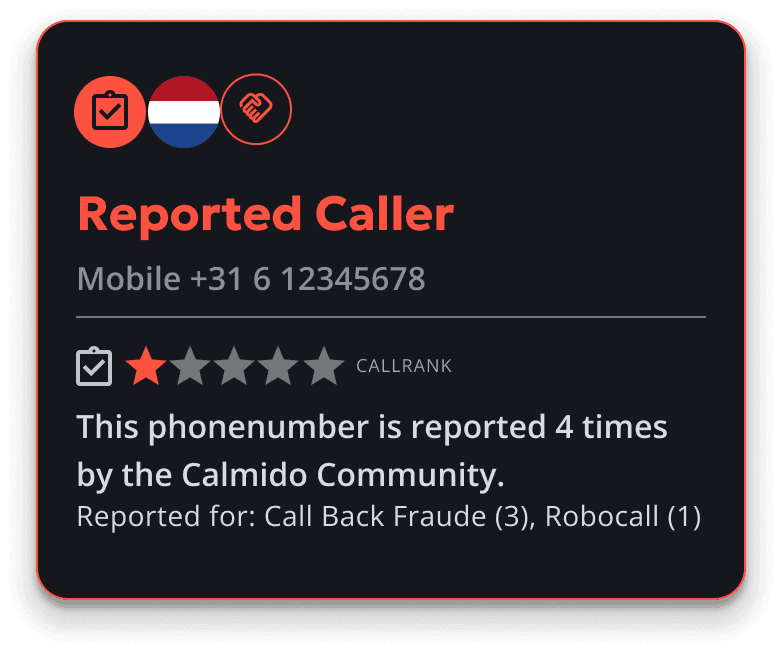 Calmido Phone showing a caller card for a registered user with consent-shared name